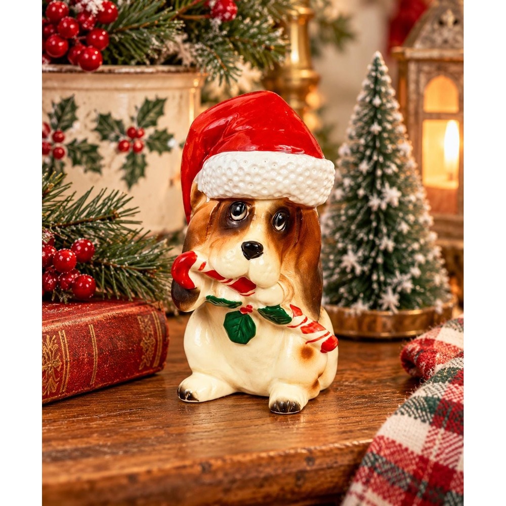Vintage Lefton Ceramic Christmas Basset Hound Puppy Santa Hat Japan XH7069 4.25"